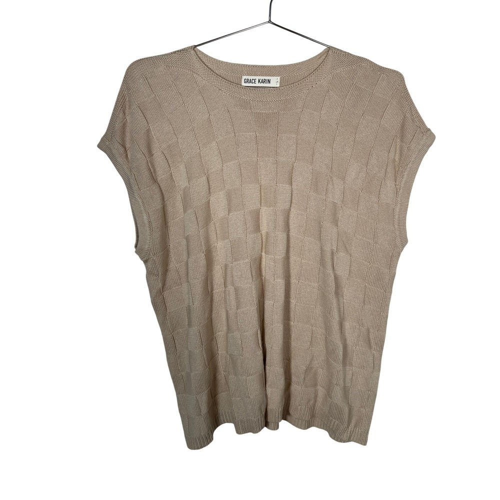 Grace Karin Beige Checkered Knit Sweater Vest‎ Quiet Luxury Minimalist Large